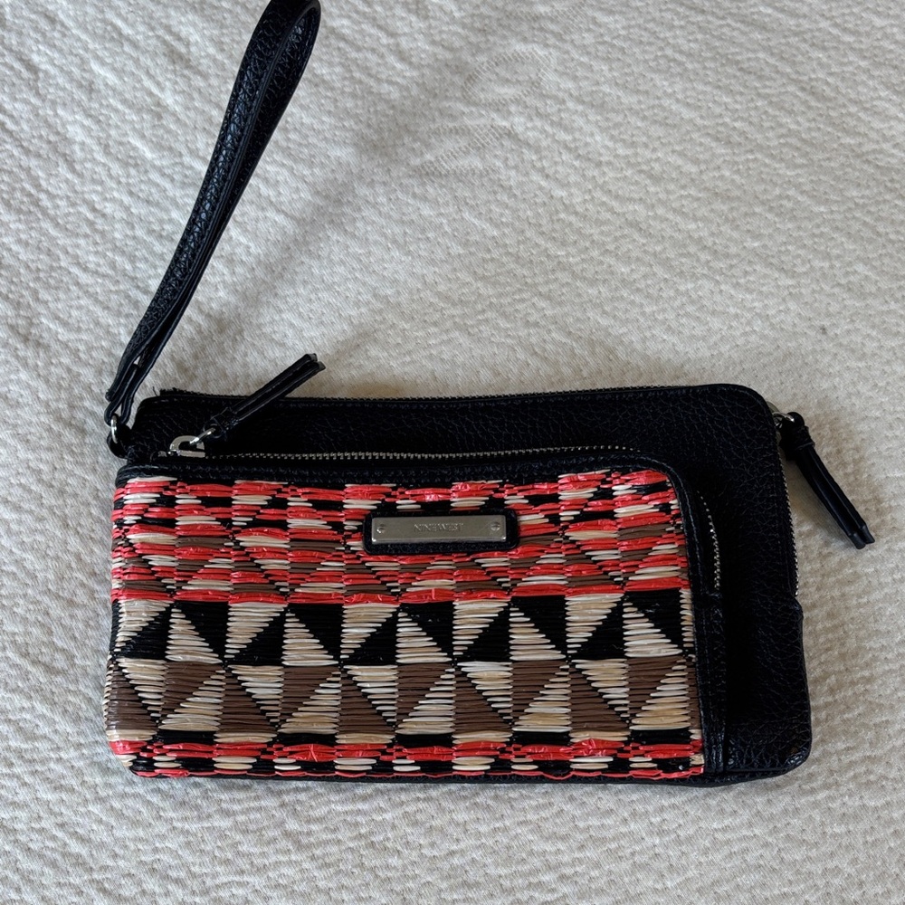 Nine West Black Wristlet Clutch with Coral, Cream & Tan Woven Front